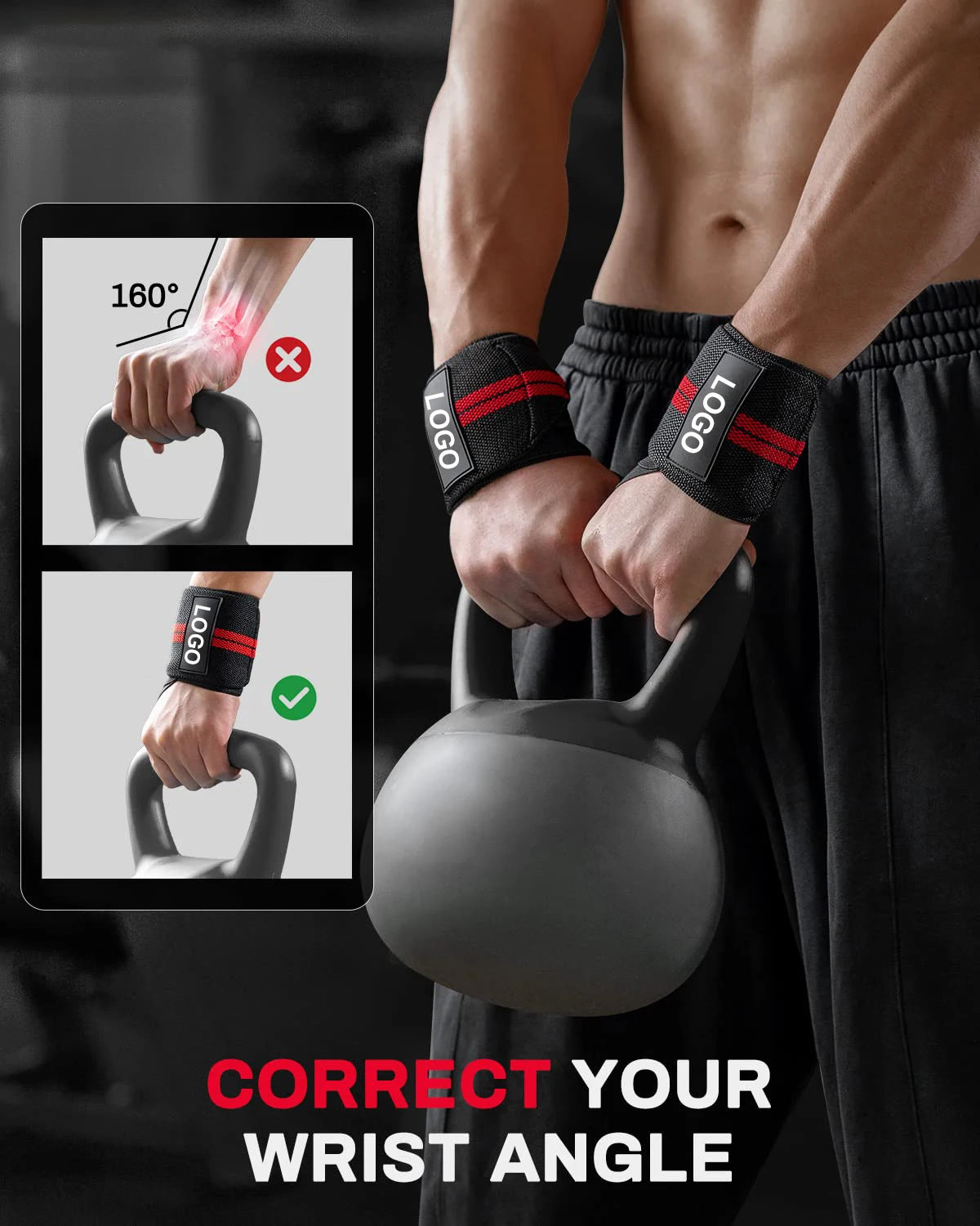 Wrist Support Wraps – 1 Pair Extra Strength Weight Lifting Brace Straps for Gym & Fitness Training with Custom Logo Option