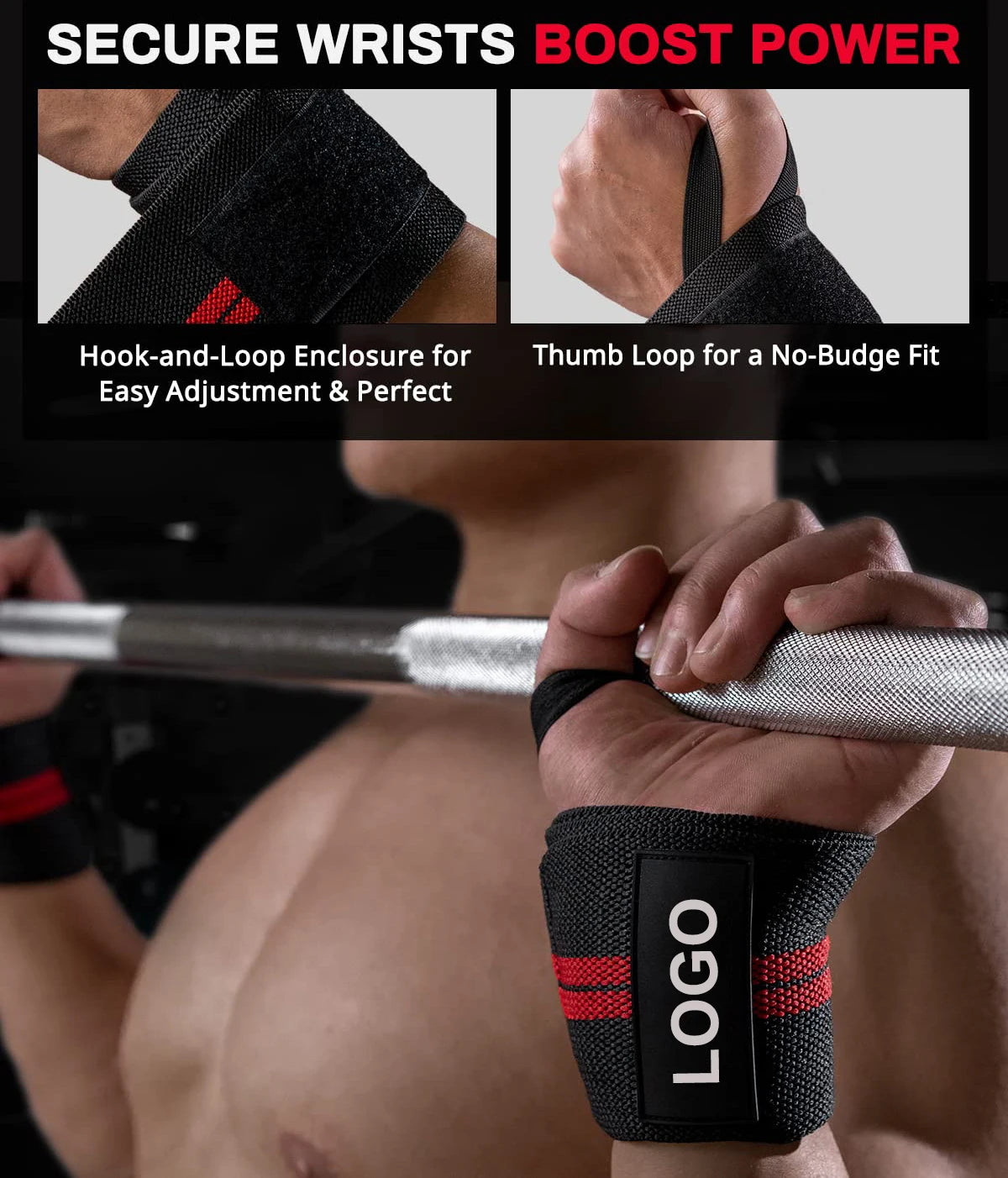 Wrist Support Wraps – 1 Pair Extra Strength Weight Lifting Brace Straps for Gym & Fitness Training with Custom Logo Option