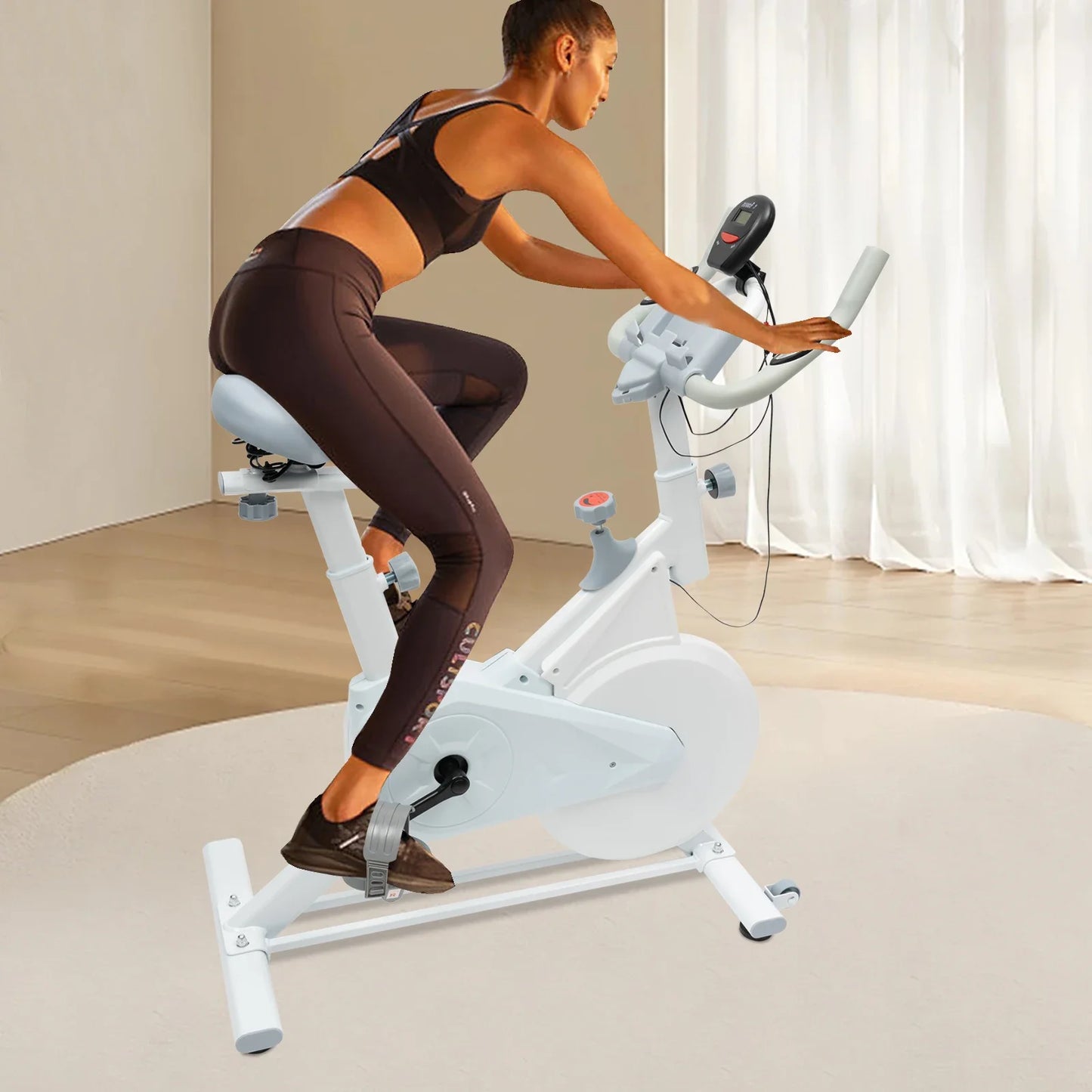 Indoor White Exercise Bike – Silent Wool Pad Braking, Adjustable Seat & Handlebar, LCD Display, 80kg Weight Capacity