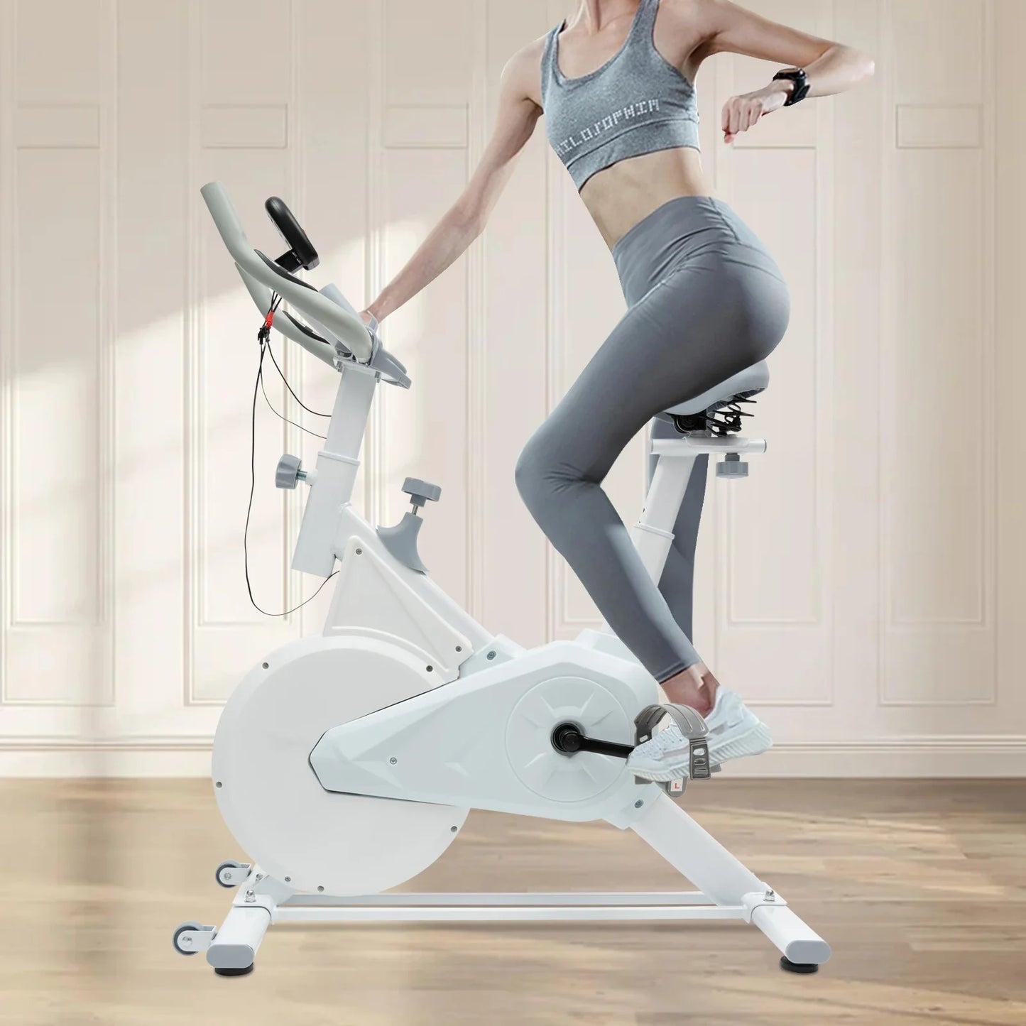 Indoor White Exercise Bike – Silent Wool Pad Braking, Adjustable Seat & Handlebar, LCD Display, 80kg Weight Capacity