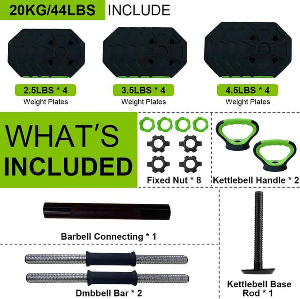 4 in 1 Adjustable Dumbbell Set 44lbs – Kettlebell, Barbell, Push-Up Stand for Home Gym Fitness
