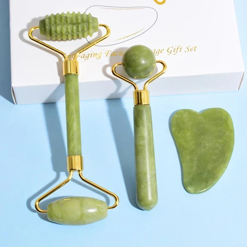 Natural Jade Roller & Gua Sha Set – Face, Neck & Eye Massager Tool for Spa, Lifting & Skin Care Therapy