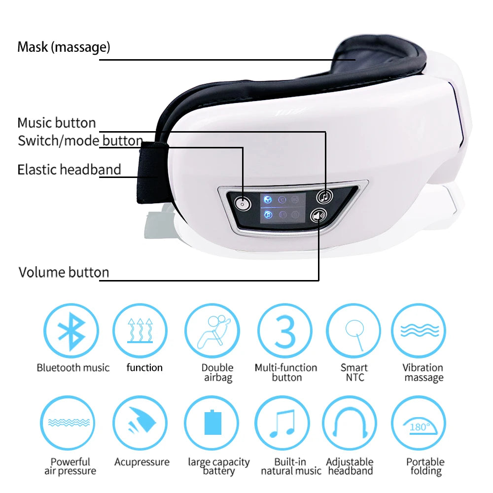 6D Smart Eye Massager – Vibration, Airbag Compression & Bluetooth Music for Fatigue Relief & Eye Relaxation