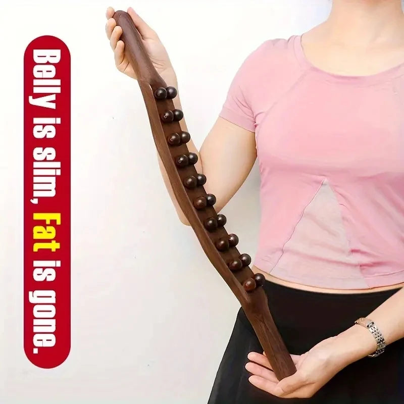 Wooden Massage Stick – Double Row 20-Bead Carbonized Body Roller for Abdomen & Muscle Relief