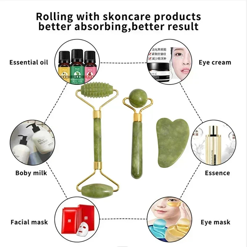 Natural Jade Roller & Gua Sha Set – Face, Neck & Eye Massager Tool for Spa, Lifting & Skin Care Therapy