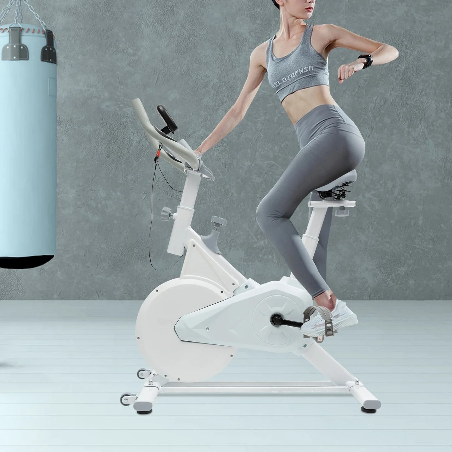 Indoor White Exercise Bike – Silent Wool Pad Braking, Adjustable Seat & Handlebar, LCD Display, 80kg Weight Capacity