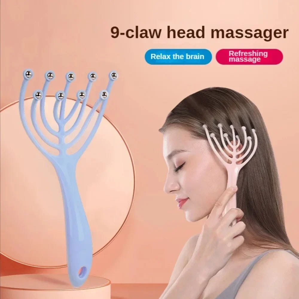 Steel Ball Head Scalp Massager – Handheld 9-Claw Roller Comb for Stress Relief, Relaxation & Hair Care