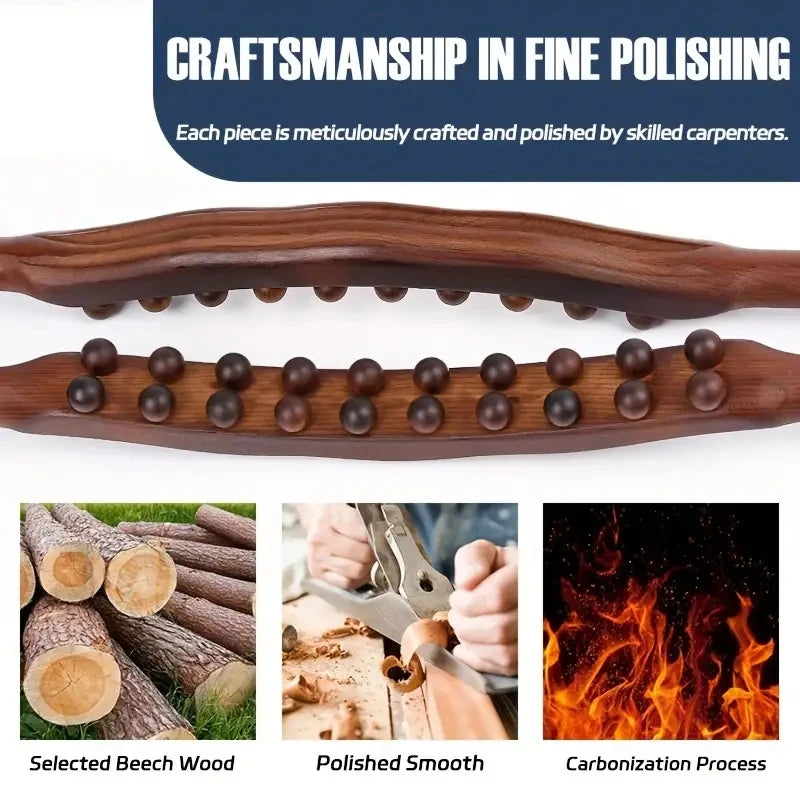 Wooden Massage Stick – Double Row 20-Bead Carbonized Body Roller for Abdomen & Muscle Relief