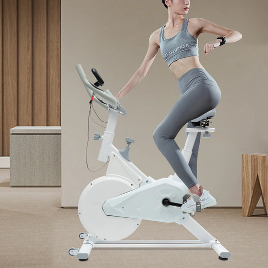 Indoor White Exercise Bike – Silent Wool Pad Braking, Adjustable Seat & Handlebar, LCD Display, 80kg Weight Capacity