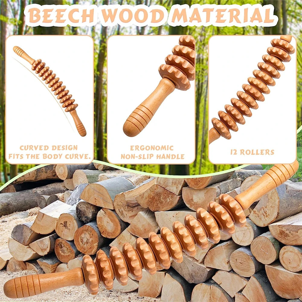 Curved Wooden Massage Roller – Anti-Cellulite Body Shaping & Lymphatic Drainage Tool