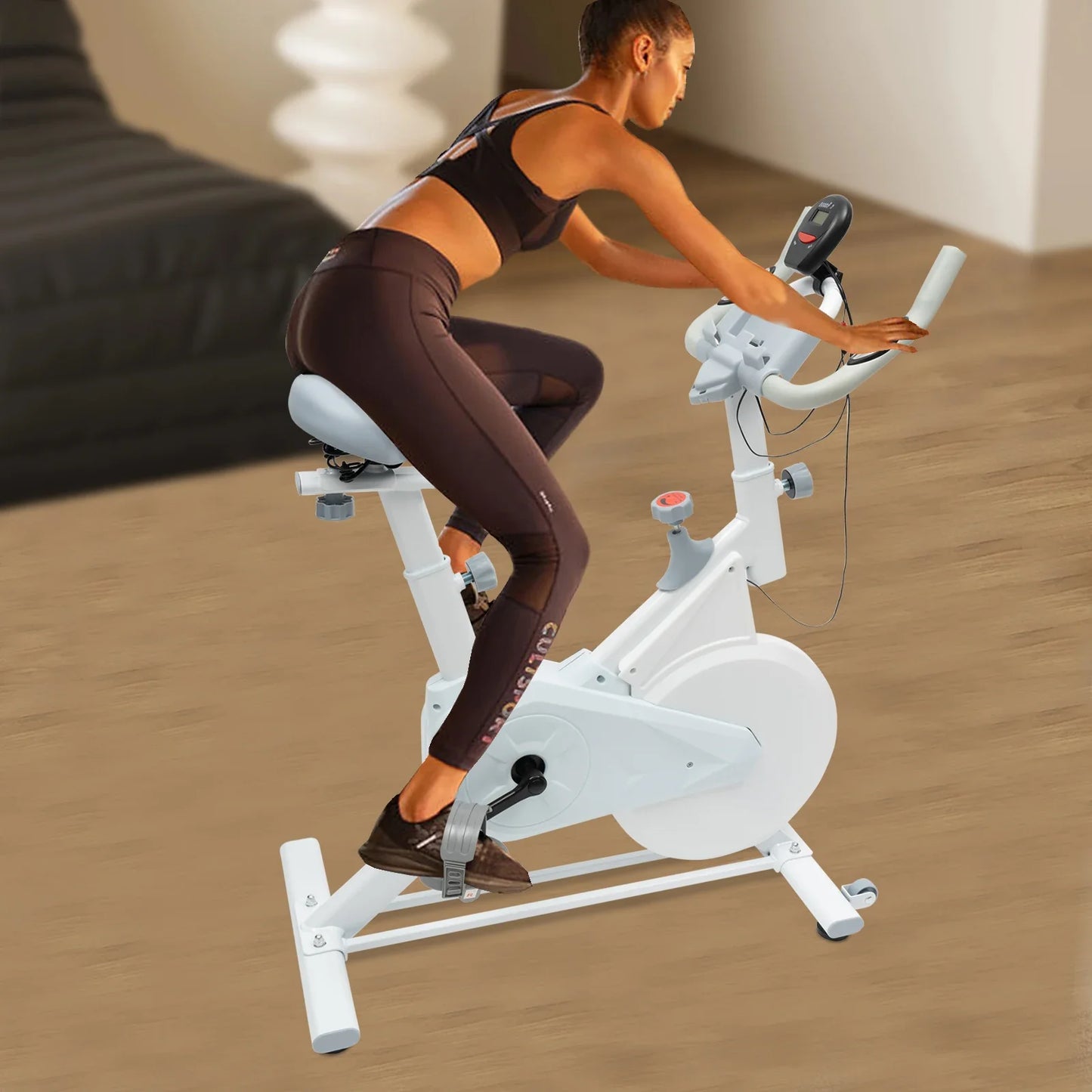 Indoor White Exercise Bike – Silent Wool Pad Braking, Adjustable Seat & Handlebar, LCD Display, 80kg Weight Capacity