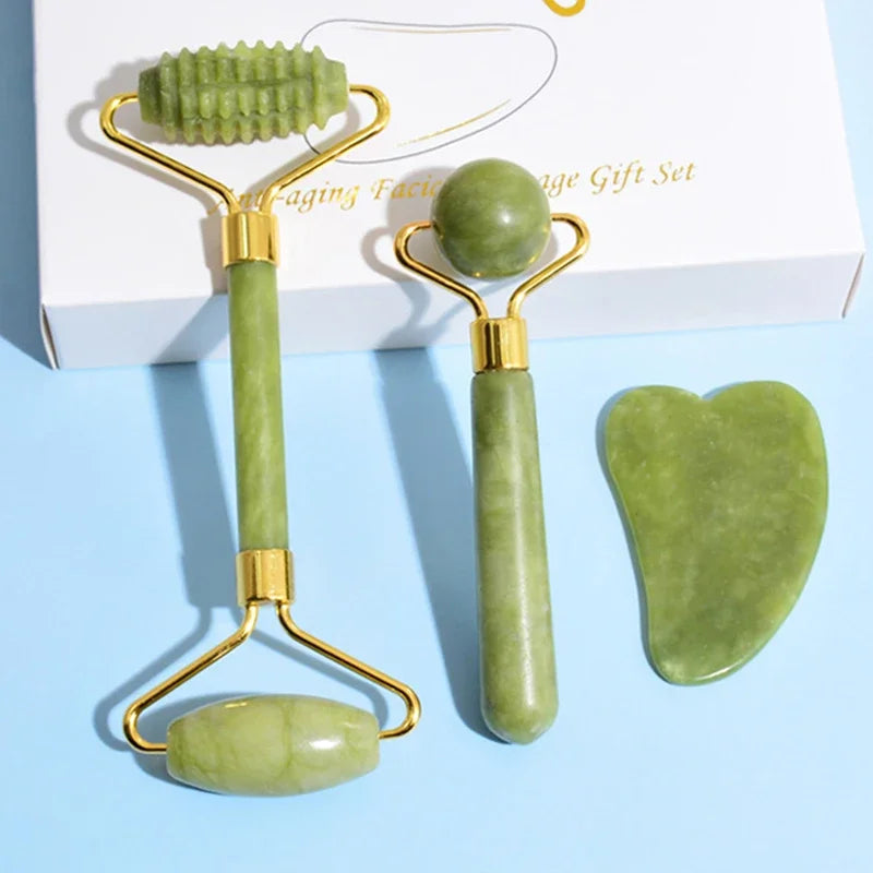 Natural Jade Roller & Gua Sha Set – Face, Eye & Neck Massage Tool for Skin Lifting, Lymphatic Drainage & Spa Relaxation
