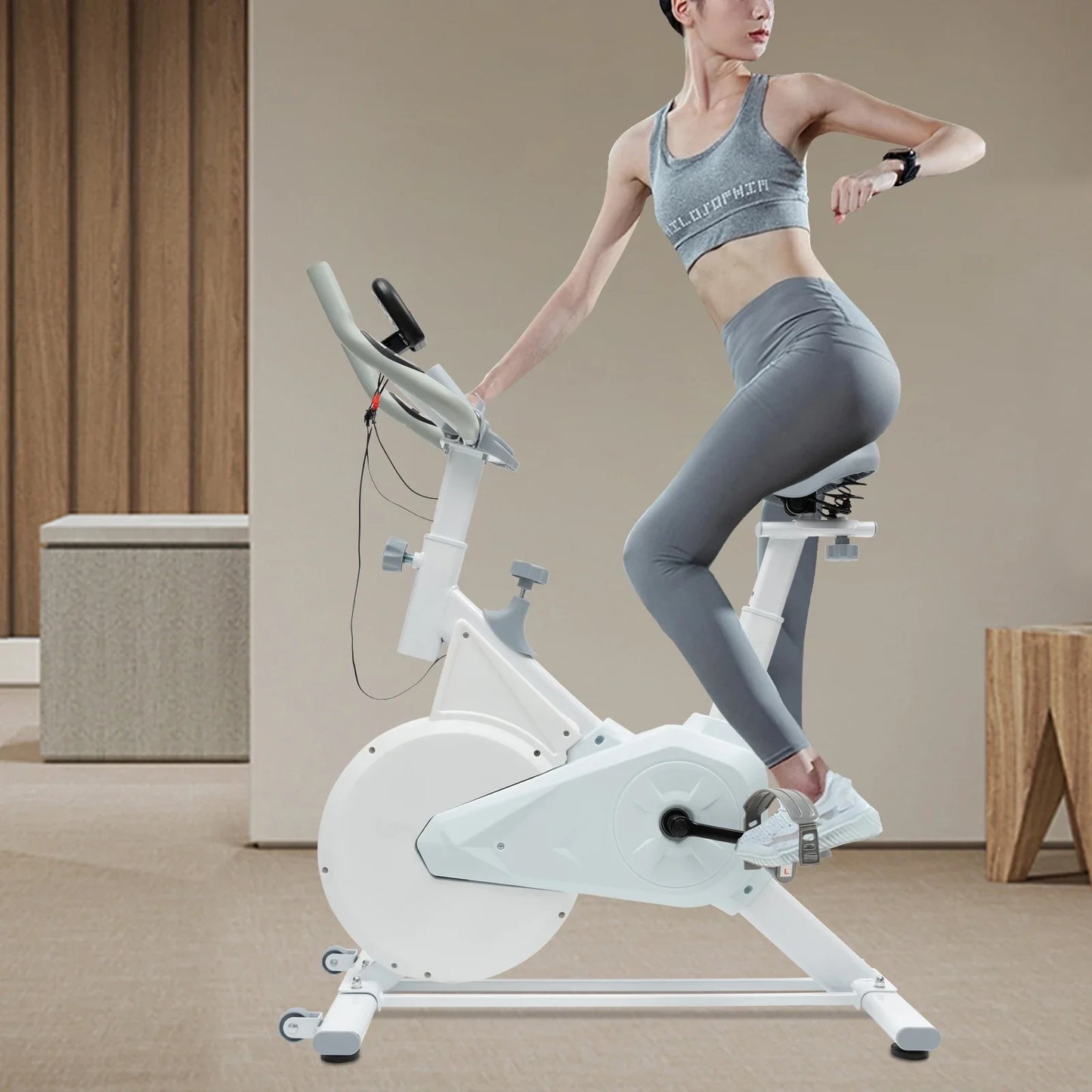 Indoor White Exercise Bike – Silent Wool Pad Braking, Adjustable Seat & Handlebar, LCD Display, 80kg Weight Capacity