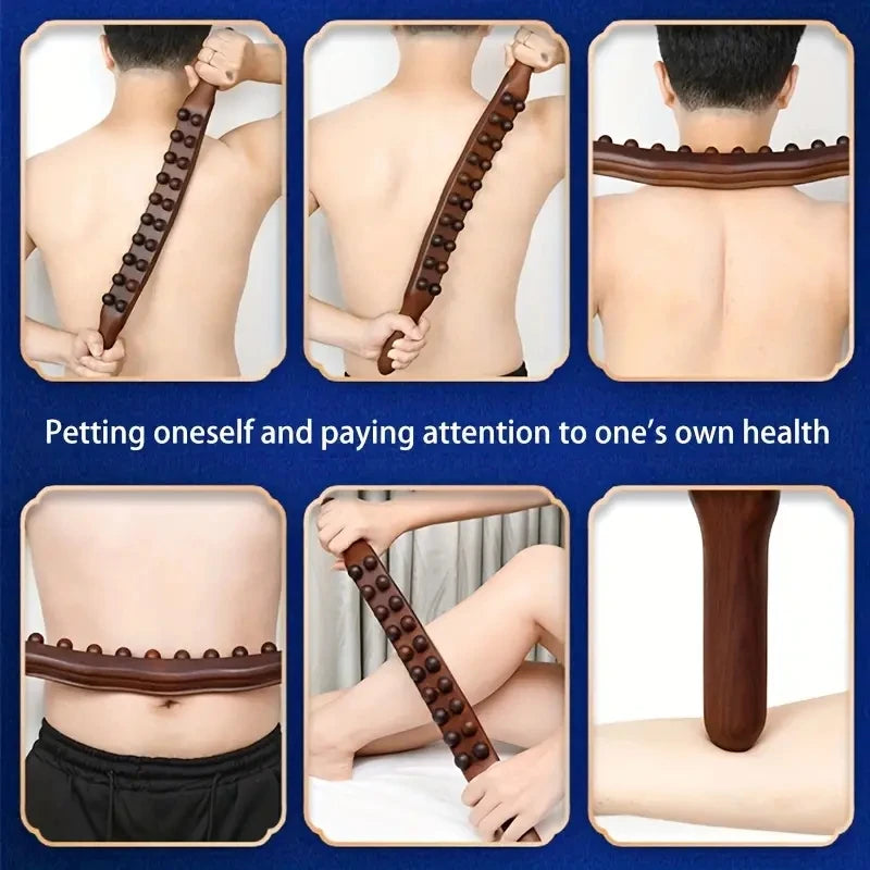 Wooden Massage Stick – Double Row 20-Bead Carbonized Body Roller for Abdomen & Muscle Relief