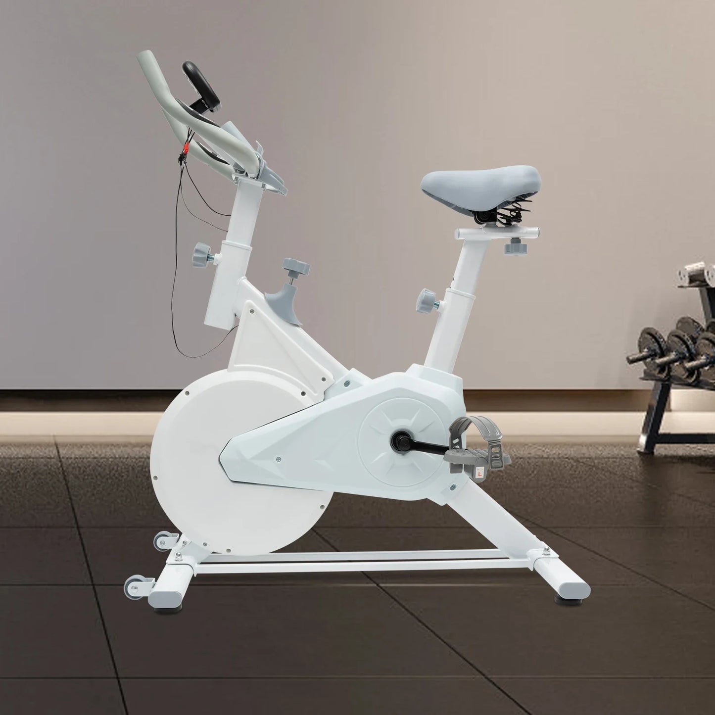 Indoor White Exercise Bike – Silent Wool Pad Braking, Adjustable Seat & Handlebar, LCD Display, 80kg Weight Capacity