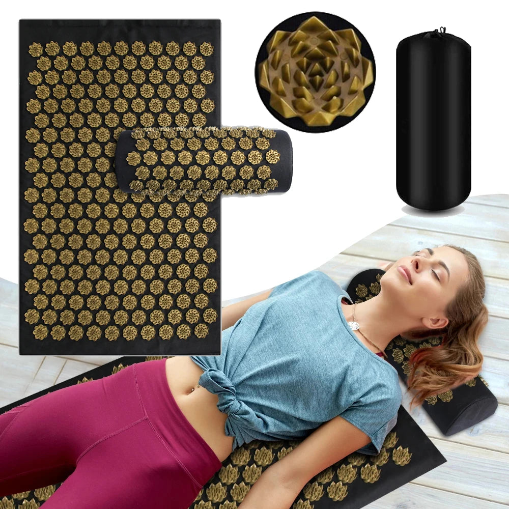 Acupressure Yoga Mat & Pillow Set – Kuznetsov Applicator Spiked Cushion for Back, Foot & Full Body Massage Relief