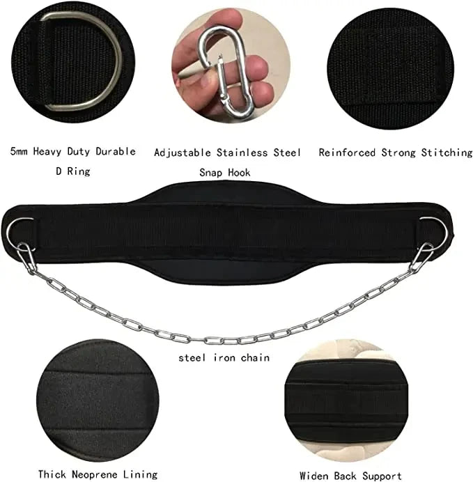 Weight Lifting Dip Belt with Chain - Neoprene Gym Back Support for Pull-Ups, Fitness & Strength Training