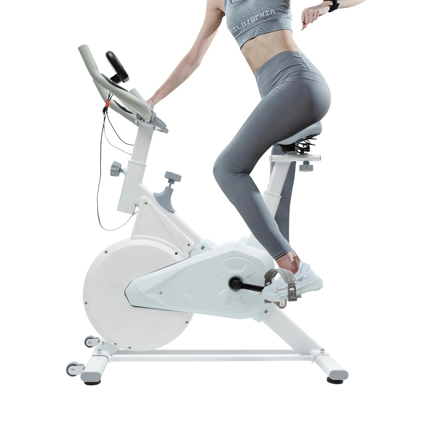 Indoor White Exercise Bike – Silent Wool Pad Braking, Adjustable Seat & Handlebar, LCD Display, 80kg Weight Capacity