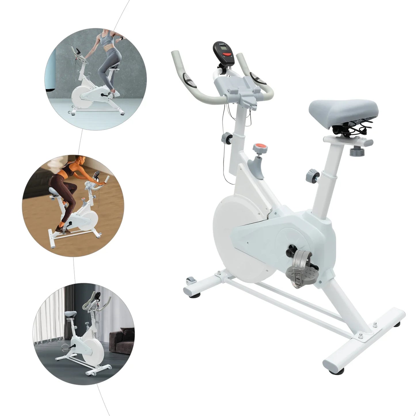 Indoor White Exercise Bike – Silent Wool Pad Braking, Adjustable Seat & Handlebar, LCD Display, 80kg Weight Capacity