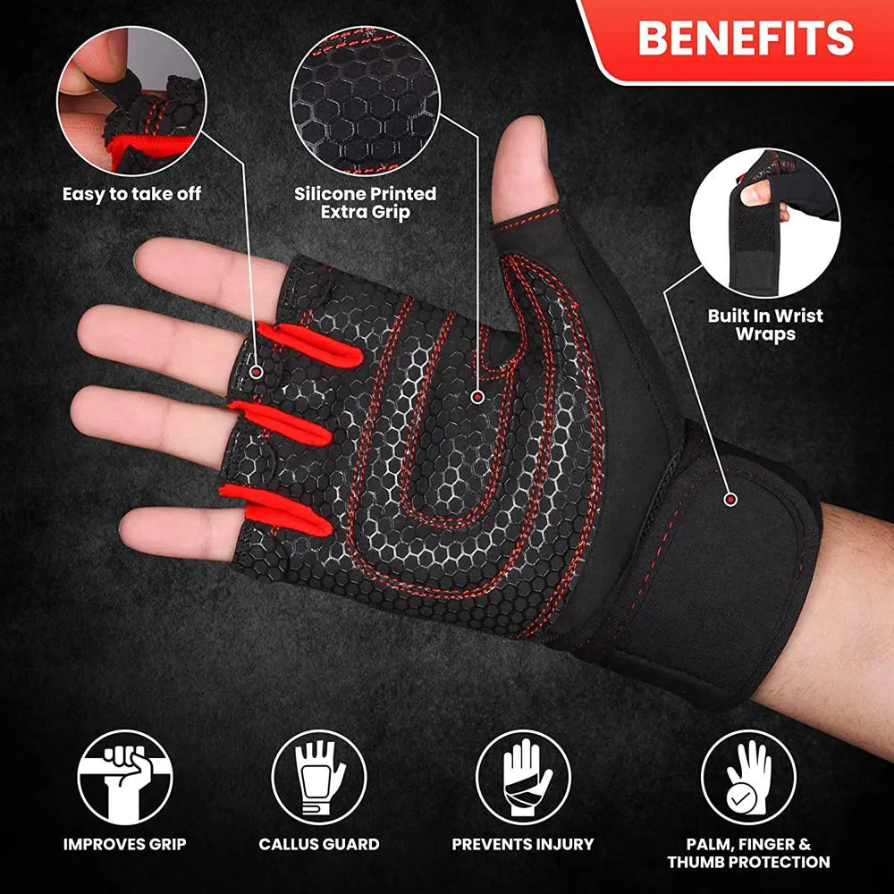 Half Finger Workout Gloves for Men & Women with Wrist Wrap – Gym, Weightlifting, Cycling, Training & Motorcycle Sports