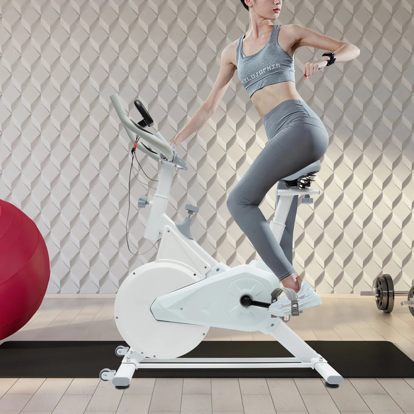 Indoor White Exercise Bike – Silent Wool Pad Braking, Adjustable Seat & Handlebar, LCD Display, 80kg Weight Capacity