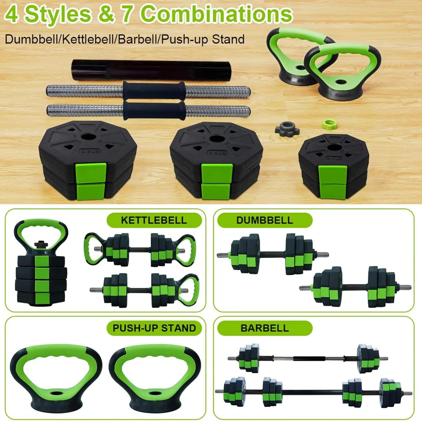 4 in 1 Adjustable Dumbbell Set 44lbs – Kettlebell, Barbell, Push-Up Stand for Home Gym Fitness